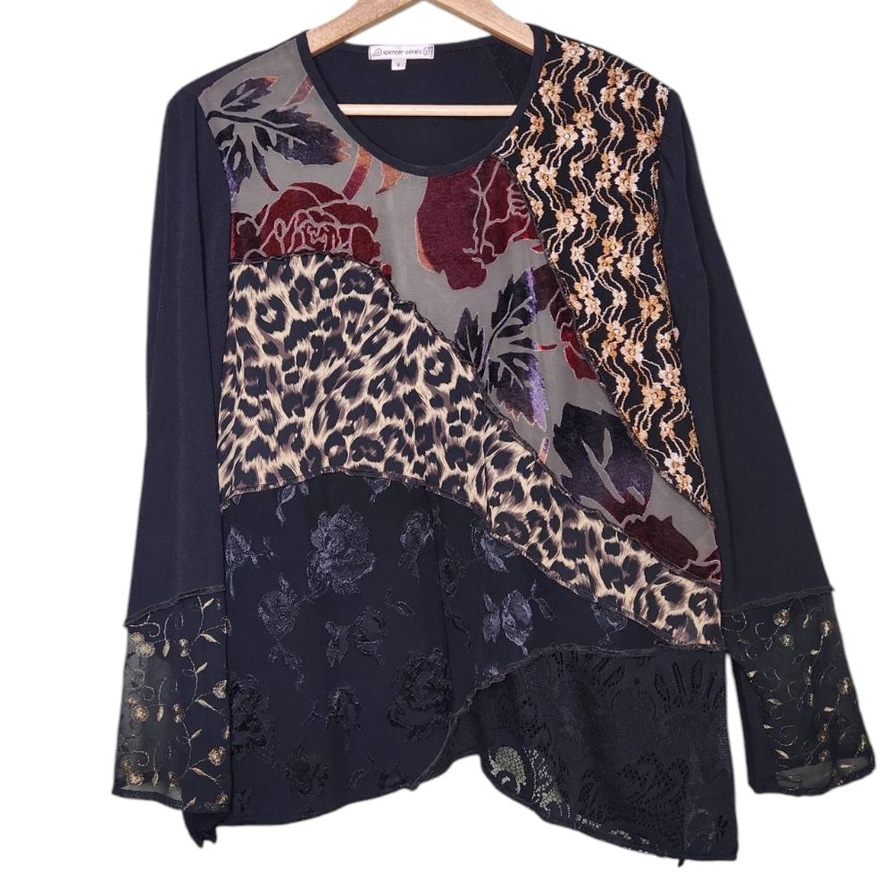 Vintage 80s Patchwork Lace Velvet Burnout Sheer Blouse Animal Print Oversized 8